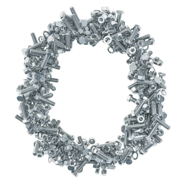Alphabet letter O from bolts, nuts and washers. 3D rendering isolated on white background