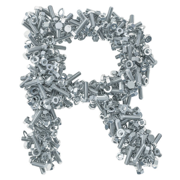 Alphabet letter R from bolts, nuts and washers. 3D rendering isolated on white background