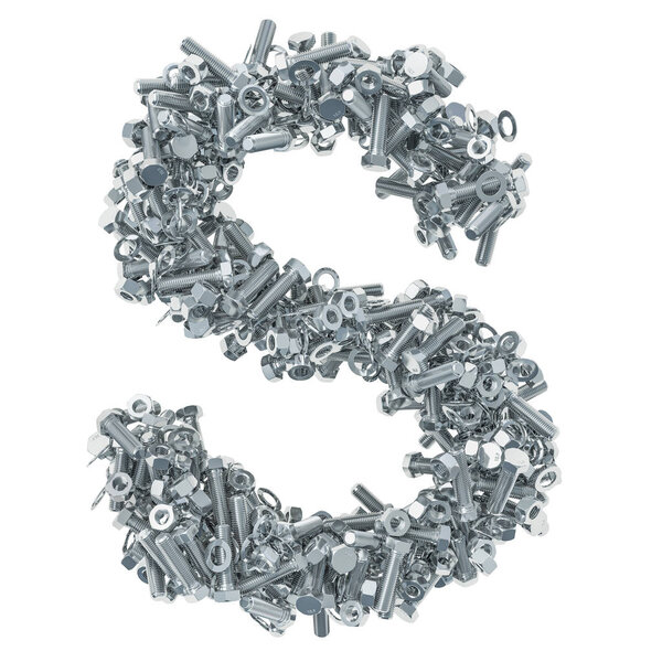 Alphabet letter S from bolts, nuts and washers. 3D rendering isolated on white background