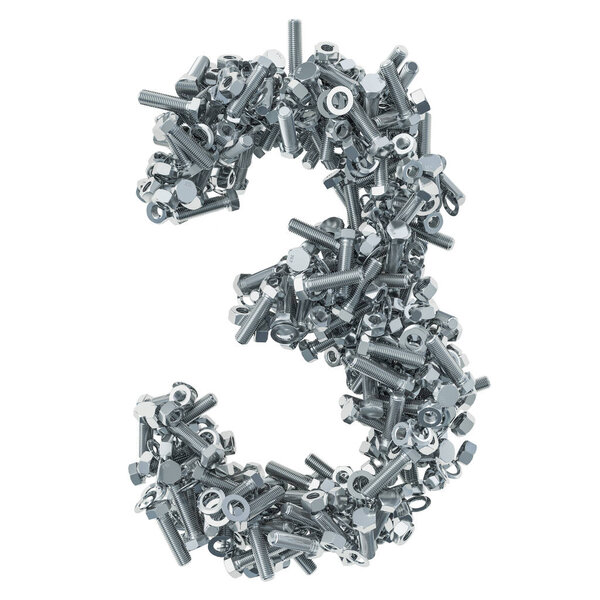 Number 3 from bolts, nuts and washers. 3D rendering isolated on white background