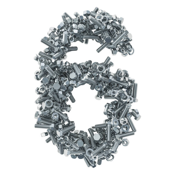 Number 6 from bolts, nuts and washers. 3D rendering isolated on white background