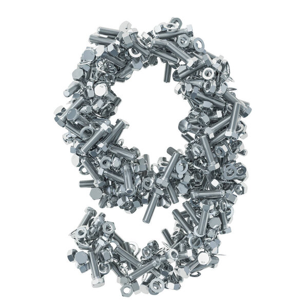 Number 9 from bolts, nuts and washers. 3D rendering isolated on white background