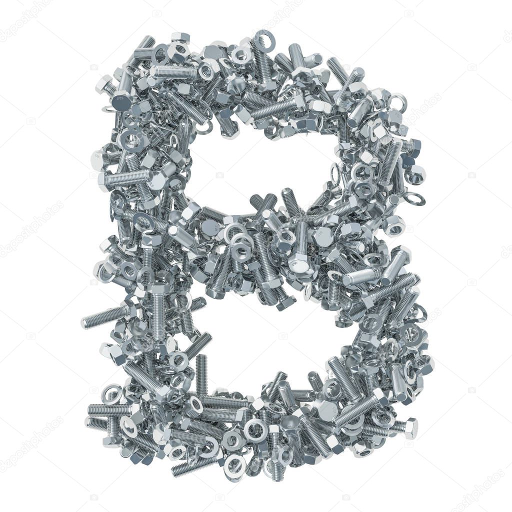 Alphabet letter B from bolts, nuts and washers. 3D rendering isolated on white background