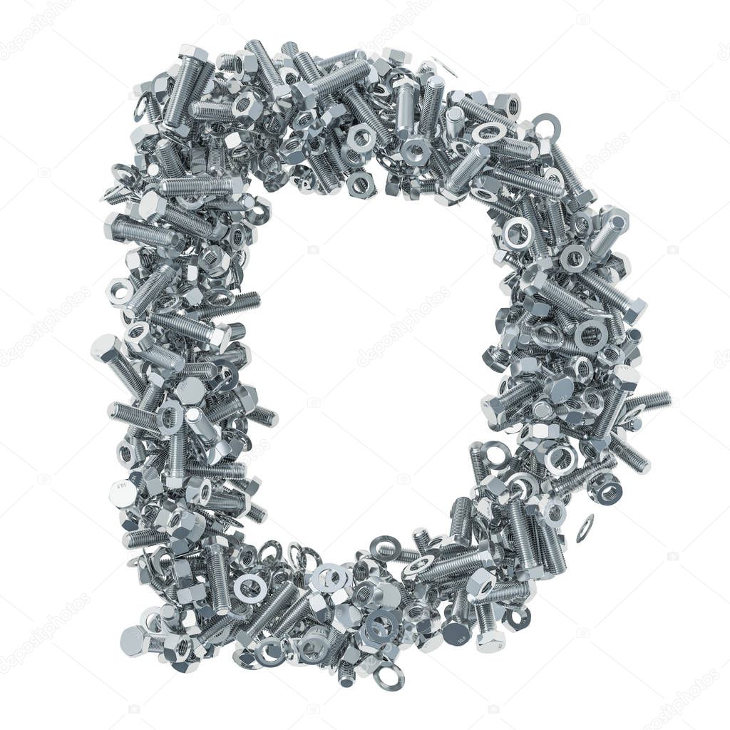 Alphabet letter D from bolts, nuts and washers. 3D rendering isolated on white background