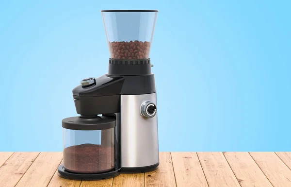 Electric coffee grinder on the wooden table, 3D rendering — Stock Photo, Image