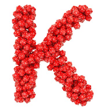 Alfabe harf K kırmızı yirmi taraflı DICE, 3d render