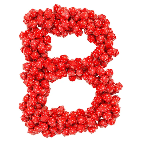 Alfabet letter B van rode 20-zijdige dobbelstenen, 3D-rendering — Stockfoto