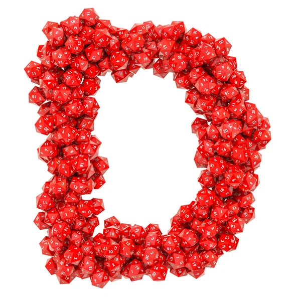 Alfabet letter D van rode 20-zijdige dobbelstenen, 3D-rendering — Stockfoto