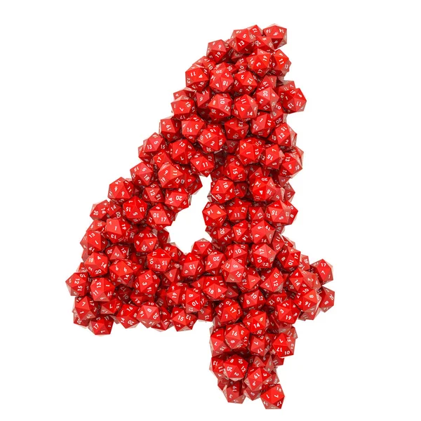 Sayı 4, kırmızı yirmi taraflı DICE, 3d render üzerinden