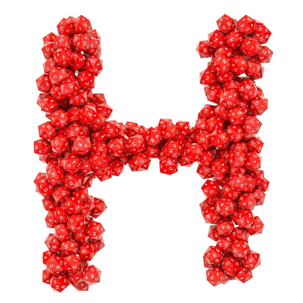 Алфавітна літера H з червоних двадцятикутних кісток, 3D рендеринга — стокове фото