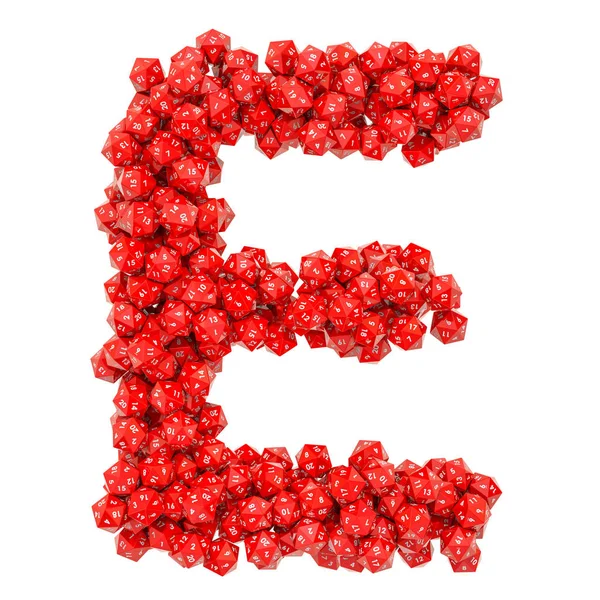 Alphabet bokstaven E från röd 20-sidiga tärningar, 3d-rendering — Stockfoto