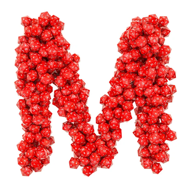 Alfabet letter M van rode 20-zijdige dobbelstenen, 3D-rendering — Stockfoto