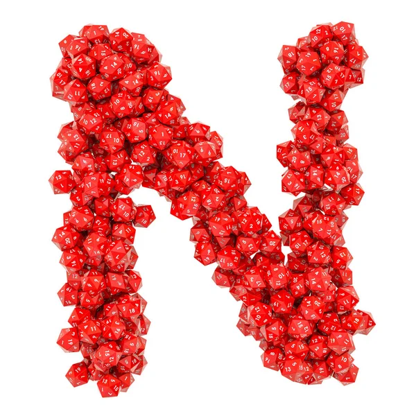 Letra N del alfabeto de dados rojos de veinte caras, representación 3D —  Fotos de Stock