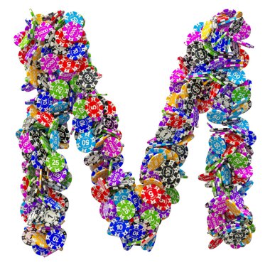 Alfabe harf M casino belirteçleri. 3D render