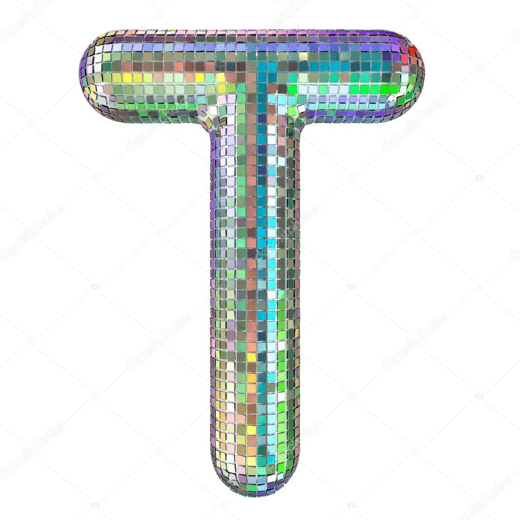 Disco font, letter T from glitter mirror facets. 3D rendering