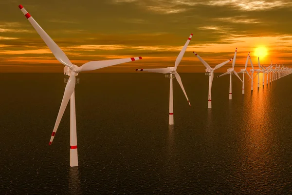 Wind farm, set of wind turbines in sea during sunset. 3D renderi