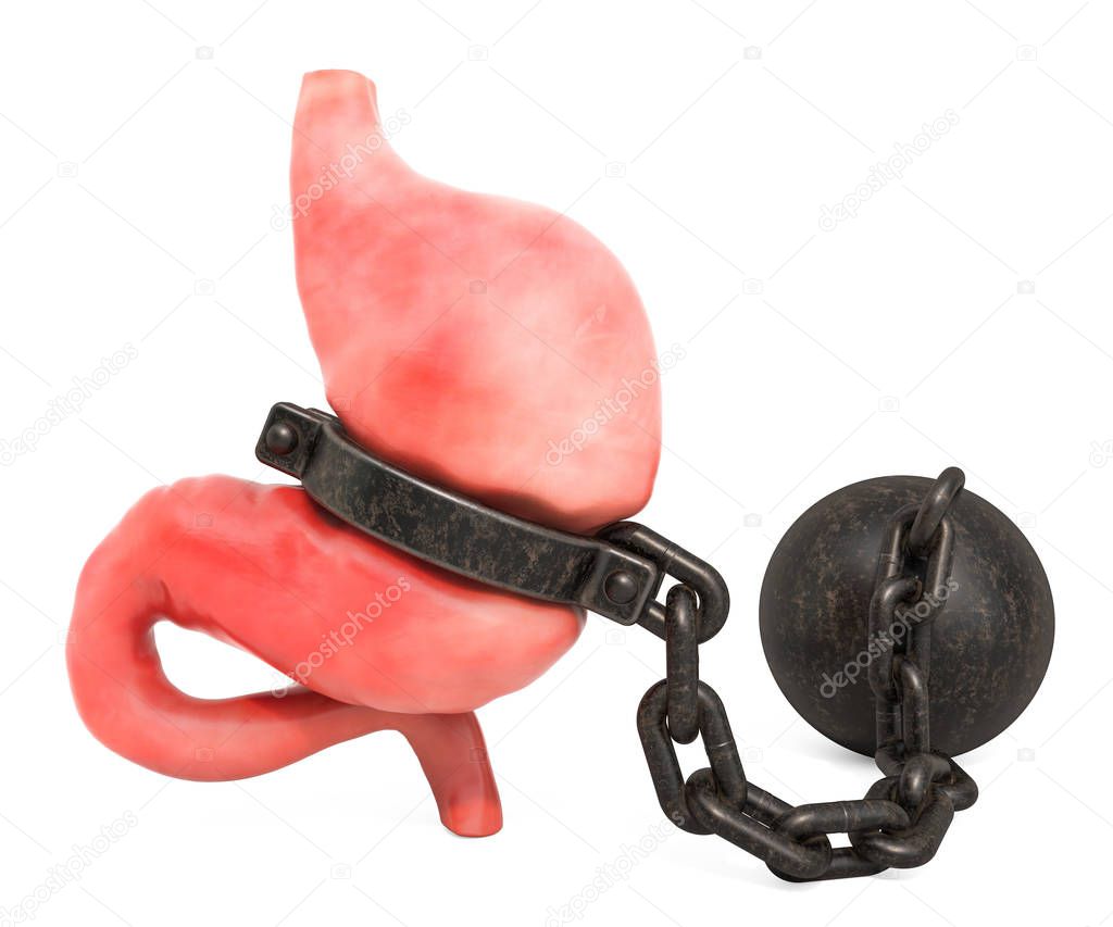 Stomach Pain concept. Human stomach with shackle. 3D rendering