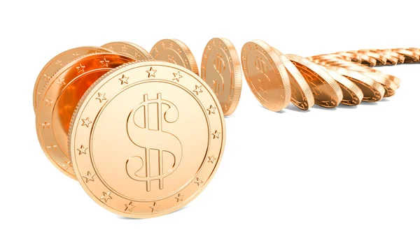 Efeito dominó de moedas de dólar dourado, renderização 3D — Fotografia de Stock