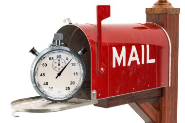 Kronometre ile posta kutusu. Hızlı teslimat kavramı, 3d render