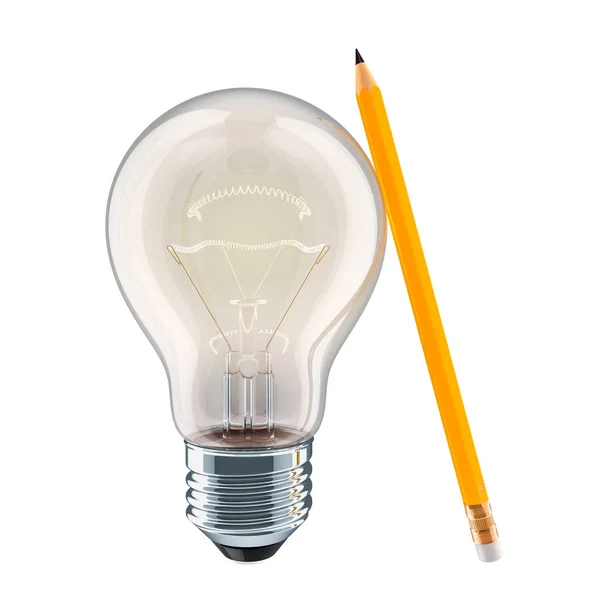Lápis e lâmpada, conceito de ideia. Renderização 3D — Fotografia de Stock