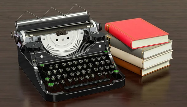 Machine à écrire avec des livres sur la table en bois, rendu 3D — Photo