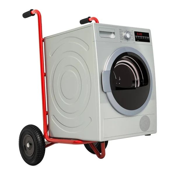 Entrega de electrodomésticos. Camión de mano con secadora, renderizado 3D —  Fotos de Stock