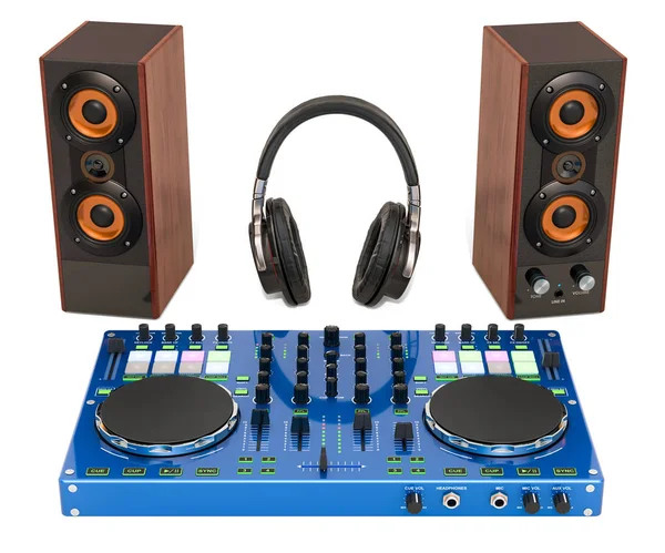 DJ konzole s reproduktory a sluchátka. 3D vykreslování — Stock fotografie