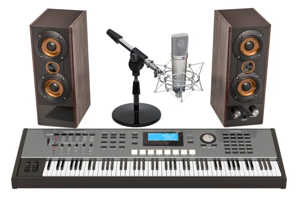 Synthesizer, loudspeakers and microphone. 3D rendering — Stock Photo, Image