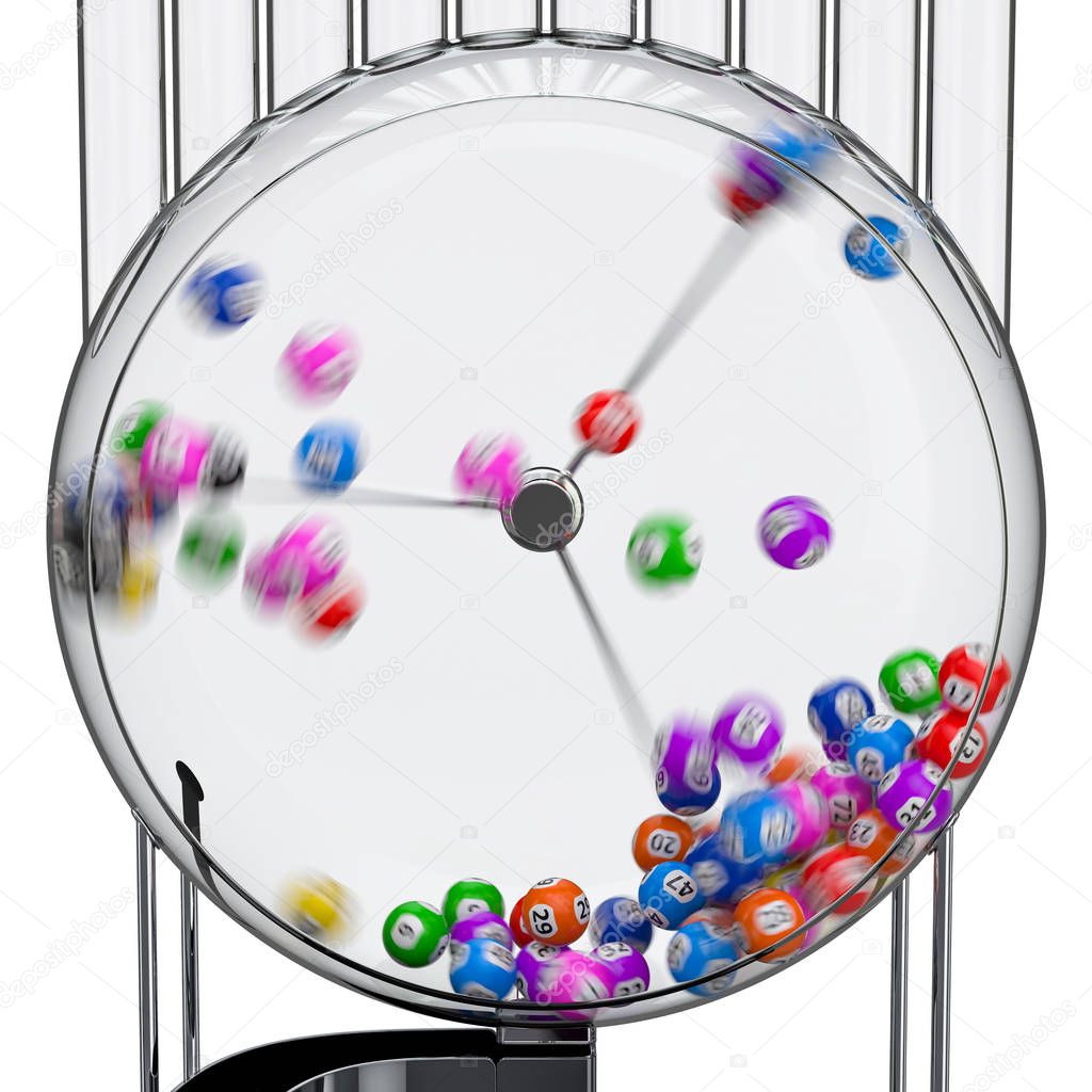 Lottery machine with lottery balls in motion, 3D rendering