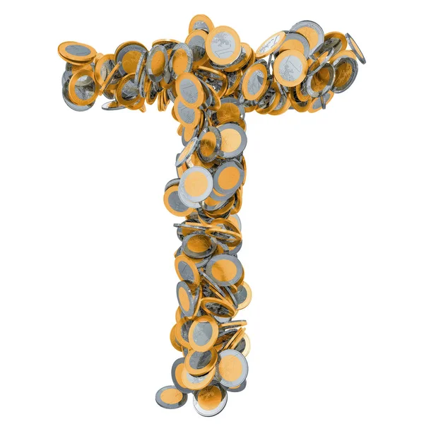 Alphabet bokstaven T från euromynt. 3D-rendering — Stockfoto