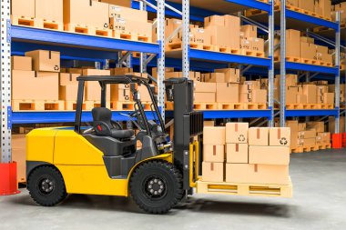 Depo, 3d render forklifti ile karton kutular