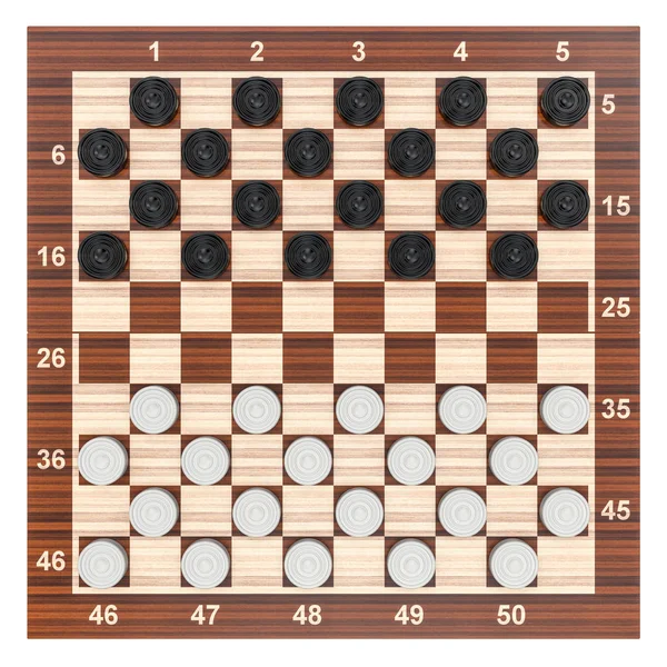 Checkers game board and pieces, top view. 3D rendering — Stock Photo, Image