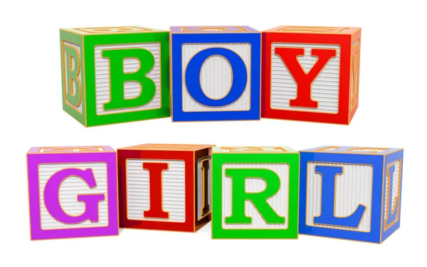 Слова мальчика и девочки из алфавита ABC деревянные блоки, 3D рендеринг — стоковое фото
