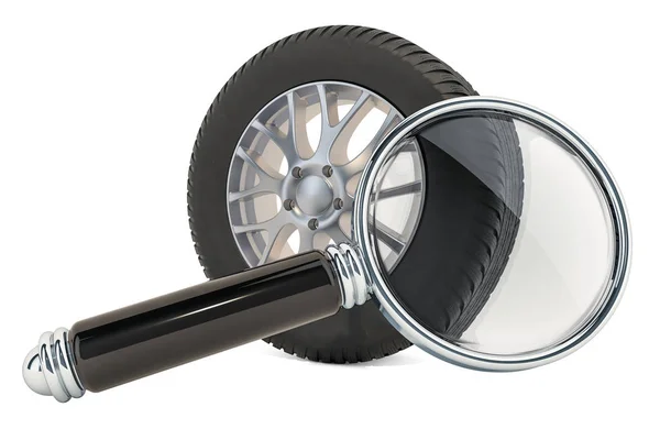 Car wheel with magnifying glass, 3D rendering — Stock Photo, Image