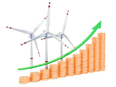 Altın sikke büyüyen grafik ile Rüzgar türbinleri. 3B işleme