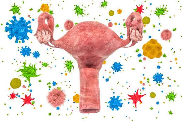 Матка с вирусами и бактериями. Концепция заболеваний матки. 3D r — стоковое фото