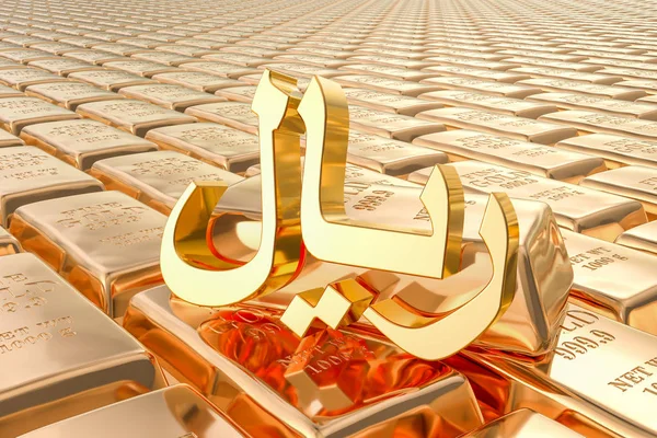 Fond de lingots d'or avec symbole riyal saoudien, rendu 3D — Photo