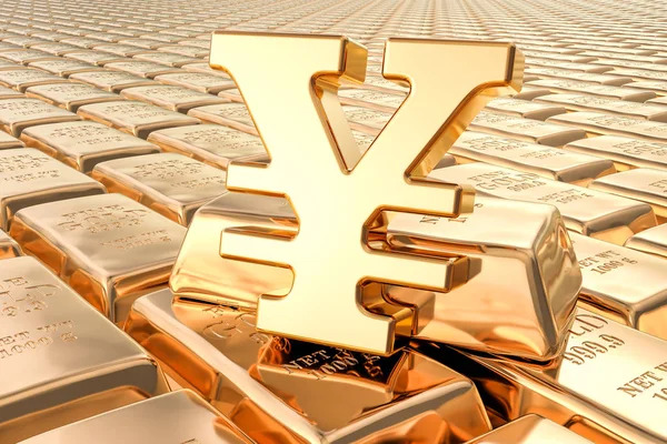 Fondo de lingotes de oro con símbolo de yen o yuan, renderina 3D —  Fotos de Stock