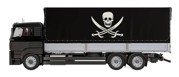 Das Konzept des Piraterieschmuggels. LKW mit Piratenflagge, 3D-Darstellung — Stockfoto