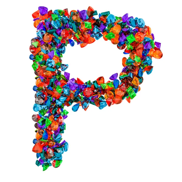 Letter P van gekleurde edelstenen. 3D-rendering — Stockfoto