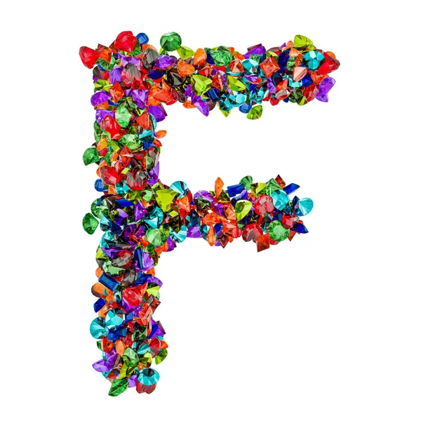 Letter F from colored gemstones. 3D rendering — Stock Photo, Image