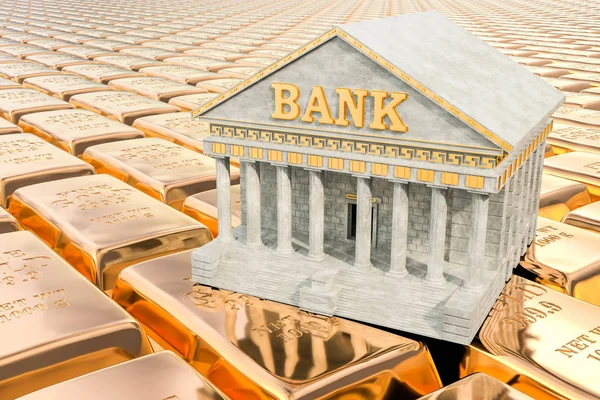 Bank building on the backdrop from golden ingots, 3D rendering — Stock Photo, Image