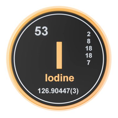 Iodine I stibium chemical element. 3D rendering clipart