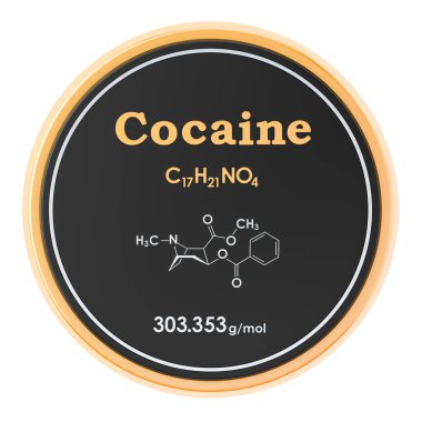 Kokain. Kimyasal formül, moleküler yapı. 3B render iso