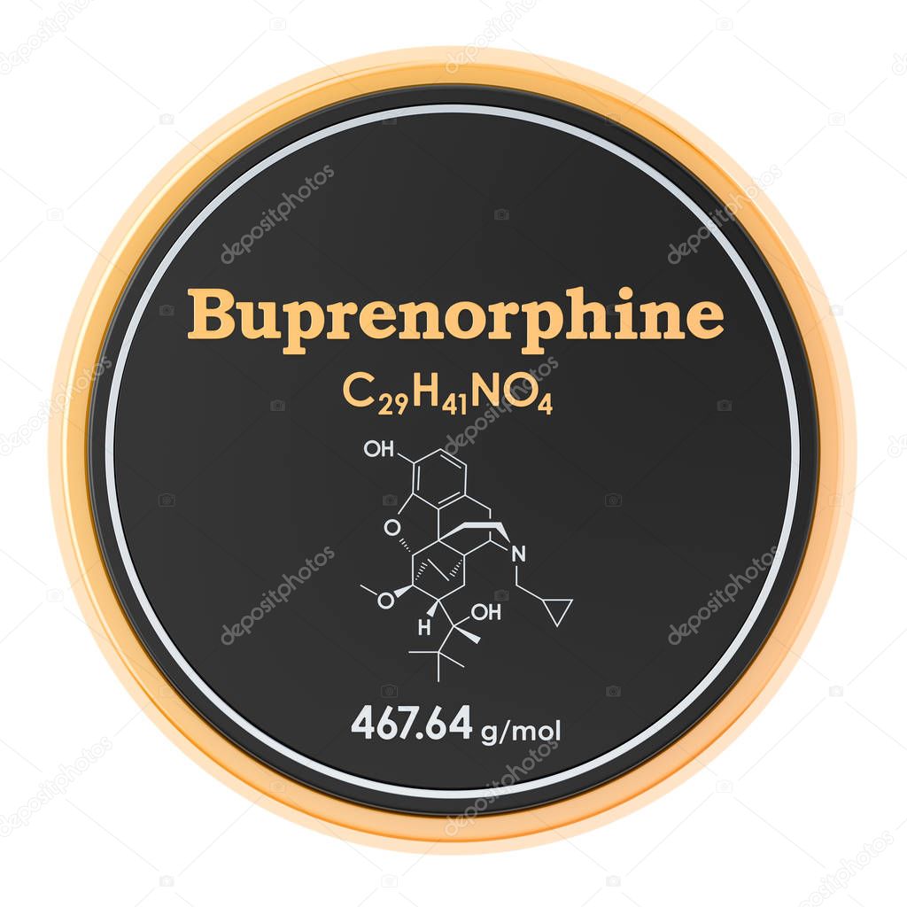 Buprenorphine. Chemical formula, molecular structure. 3D renderi