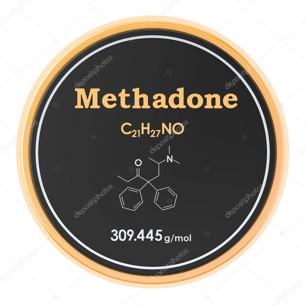 Methadone. Chemical formula, molecular structure. 3D rendering i