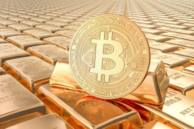 Bitcoin ile altın külçe, 3D Rendering