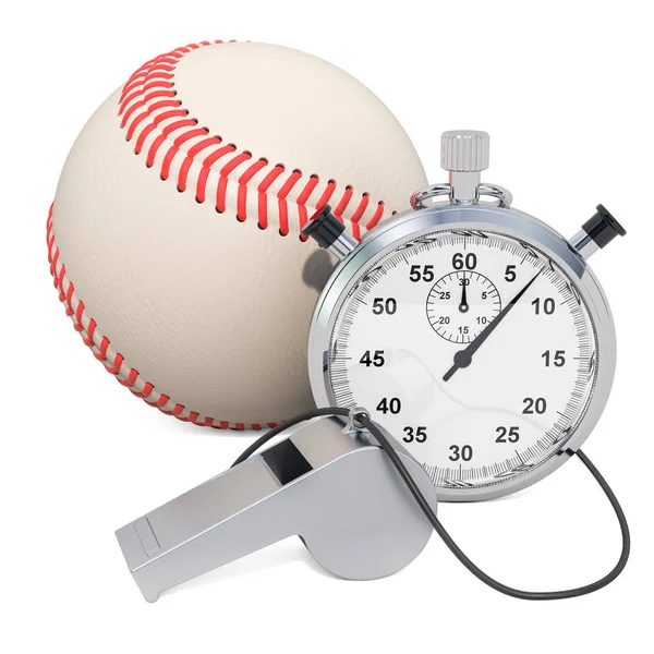 Honkbal bal met fluitje en stopwatch, 3D rendering — Stockfoto