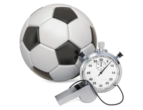 Soccer ball with whistle and stopwatch, 3D rendering — Stock Photo, Image