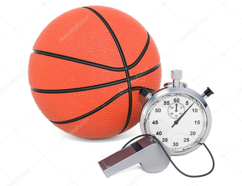 Basketball ball with whistle and stopwatch, 3D rendering